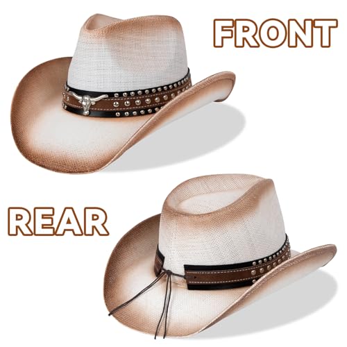 WQWOVRVO Cowboy Hat,Cowgirl Hat,Western Cowboy Hats for Women/Mens/Straw Wide with Shapeable Brim Cowboy Hat for Womens - color: White & Coffee Color