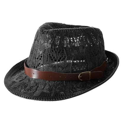 Unisex Summer Mesh Fedora Hat Sun Short Brim Panama Hat Beach Hat Packable Breathable Classic Retro Trilby Hat - color: Black