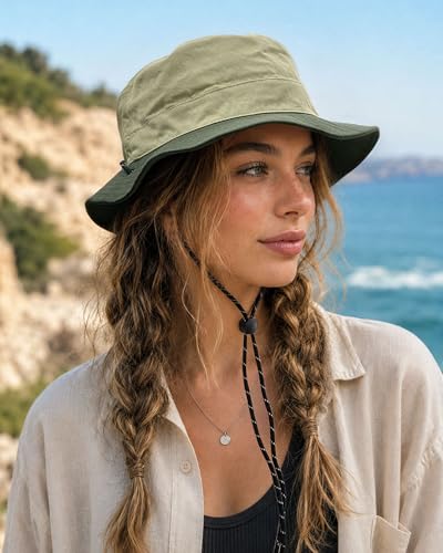 CLAPE Sun Protection Bucket Hat for Men Women, Reversible Packable Sun Hat with Chin Strap for Travel Hiking Beach - color: Bk2601-khakigreen
