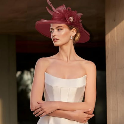 DRESHOW Women Organza Hat Church Cap Hats Clearance Kentucky Derby Cocktail Tea Party Wedding Flower Hat with Wide Brim - color: Flower Hat: Burgundy