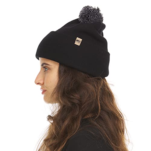 100% Merino Wool - Midweight Cuff Pom Beanie - Winter Pom Pom Hat - color: Black With Ash Gray and Black Pom
