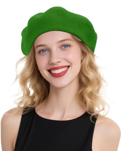 French Beret Hats for Women - Wool Solid Color Beanie Cap - color: Apple Green