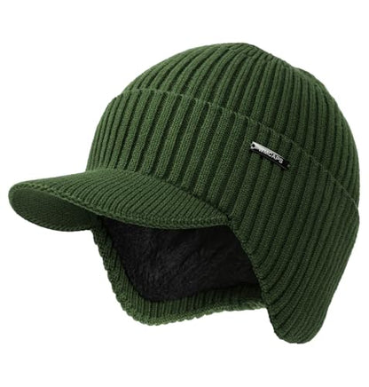 Wmcaps Winter Beanie with Brim & Ear Flaps, Fleece Lined Hat for Men Women - color: Army Green