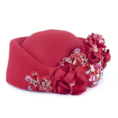 Petaluna Women's Flower Beret Suitable for Church Wearing Elegant Breathable Wedding Party Retro French Headdress - color: Red
