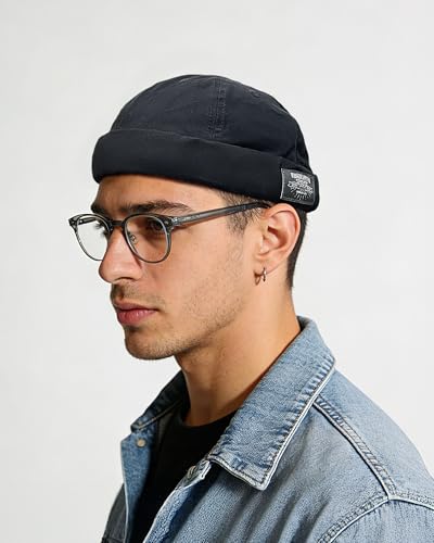 Croogo Cotton Brimless Hat for Men Rolled Cuff Docker Cap Casual Worker Hat - color: Gd30-black