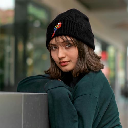 Black Beanie Hat for Men Women Embroidered Knit Winter Beanies Cap - color: Parrot
