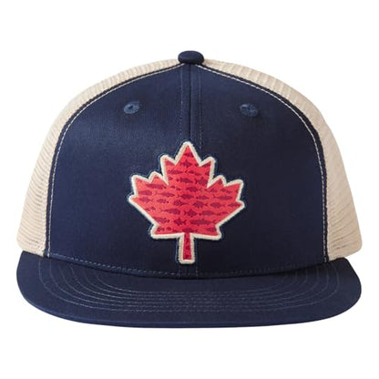 BASSDASH Flat Brim Trucker Cap Adjustable Snapback Hat Mesh Back for Men Women - color: Dark Blue Fish Maple