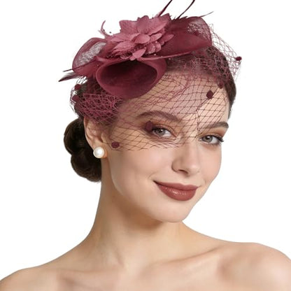 Semato Fascinators Hats for Women Mesh Feathers Elegant Burgundy Tea Party Kentucky Hat Derby Headband with Hair Clip - color: Burgundy