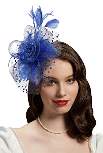 Fascinators Hat for Women Tea Party Headband Kentucky Derby Wedding Flower Cocktail Mesh Feathers Hair Clip - color: 1-royal Blue