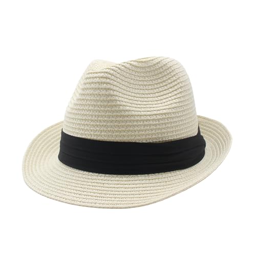 Straw Fedora Hat for Women Men Short Brim Panama Hats Derby Trilby Hats Breathable Packable Summer Beach Sun Hat - color: White Black