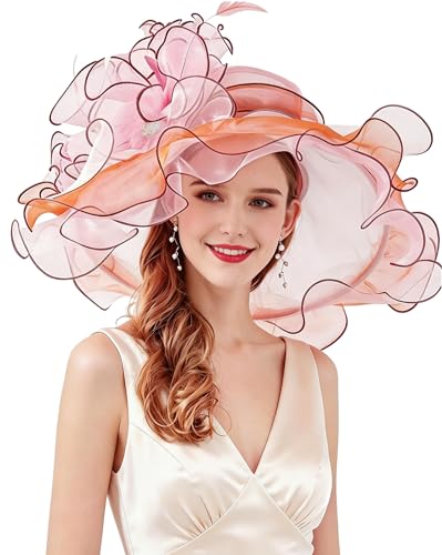 Z&X Women Organza Church Derby Hat Wide Brim Sun Hats for Wedding Tea Party Fascinator Hat, Dual-use - color: 013a- Pink