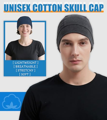 Cotton Skull Caps for Men Women Beanie Chemo Headwear Sleep Hat - color: Set B-black,navy,dark Gray