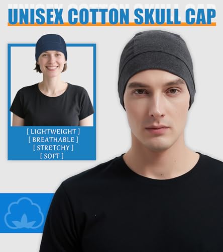 Cotton Skull Caps for Men Women Beanie Chemo Headwear Sleep Hat - color: Set B-black,navy,dark Gray