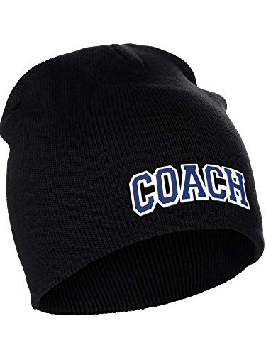 I&W Sports Team Coach Arch Letters Winter Knit Cuffless Beanie 3D Raised Layers - color: Black Beanie White Navy