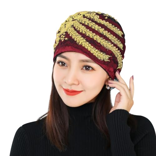 haozaikeji Women Flower Turban Hat Rhinestones Muslim Islamic Head Wrap African Pearl Turban Soft Stretchy Head Cover - color: Red-gold