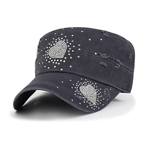 ililily Rhinestone Cotton Cadet Cap Vintage Distressed Cotton Military Army Hat - color: Charcoal-heart