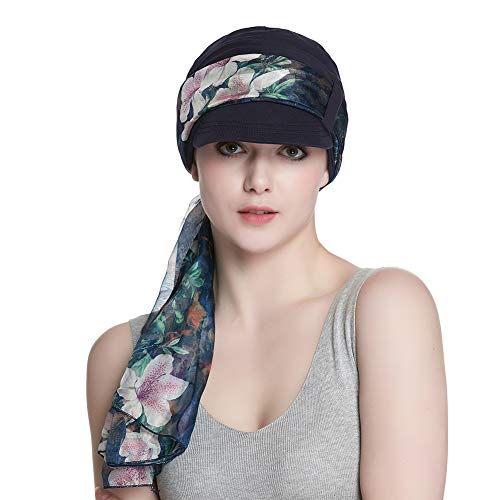Alnorm Breathable Cotton Hat and Scarf Set Chemo Headwear for Women - color: Navy Peach Blossom
