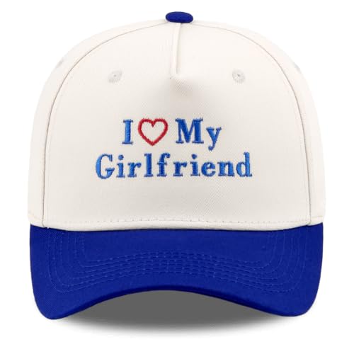 Funny Embroidered Trucker Hat, Vintage Two-Tone Cotton Baseball Cap for Men Women, Adjustable Dad Hat Gift Idea - color: I Love My Girlfriend Heart, Navy Blue/Beige
