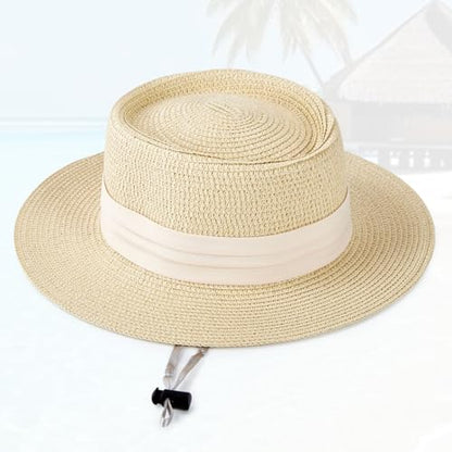 Womens Summer Straw Sun Hat Wide Brim Beach Hat with Wind Lanyard - color: Beige With Beige Band