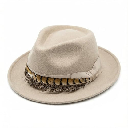 Home Prefer Men's Wool Felt Winter Hat Short Brim Fedora Hat with Feather - color: Beige Ring Necked Feather