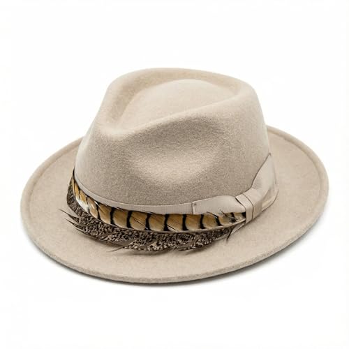 Home Prefer Men's Wool Felt Winter Hat Short Brim Fedora Hat with Feather - color: Beige Ring Necked Feather