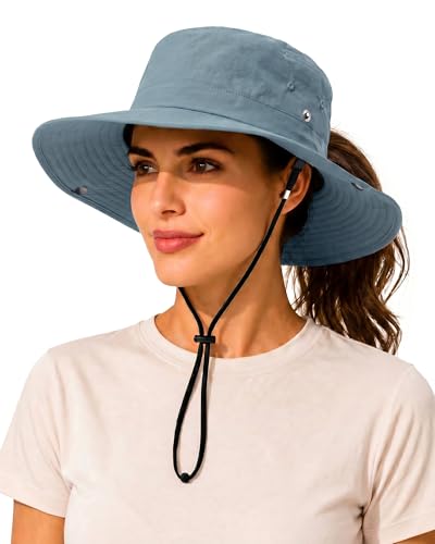 Wide Brim Waterproof Bucket Rain Hat for Women Men UPF50+ Cowboy Sun Hat - color: Blue Gray
