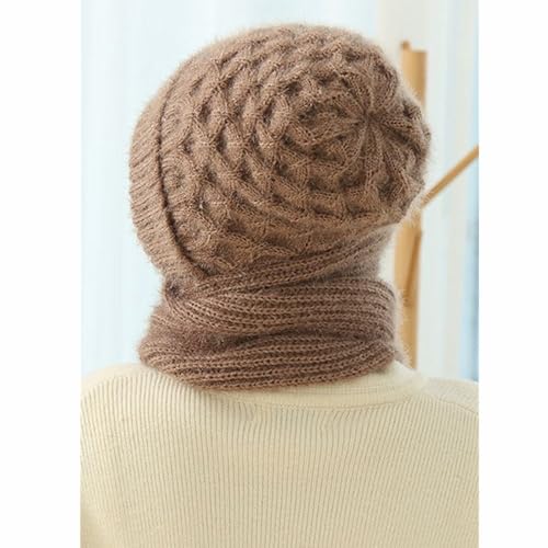Women Winter Warm Elastic Soft Ear Protection Knitted Scarf Hat Fleece Lined Beanie Hat - color: Khaki