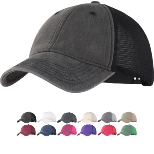 Vintage Washed Soft Crown Baseball Cap Plain Snapback Trucker Hat Men Women Adjustable Distressed Mesh-Back Ball Cap - color: Black, size: One Size