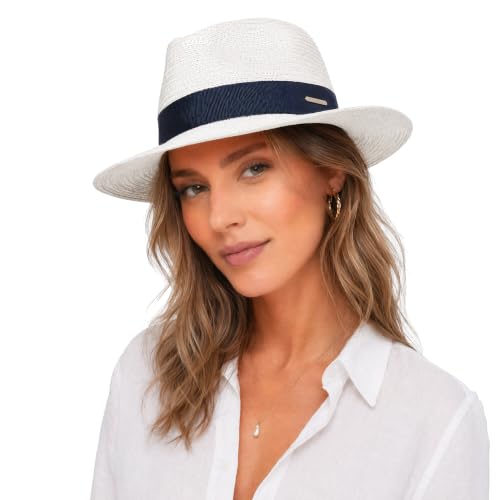 Straw Panama Hat for Men Women, Beach Sun Fedora Hat - color: Off White-blue