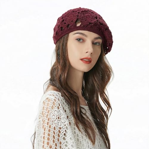 ZLYC Women Cotton Slouchy Crochet Beret Handmade Cutout Floral Beanie Hat - color: Floral Burgundy