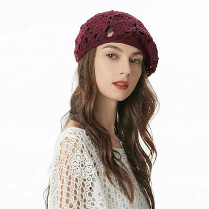 ZLYC Women Cotton Slouchy Crochet Beret Handmade Cutout Floral Beanie Hat - color: Floral Burgundy