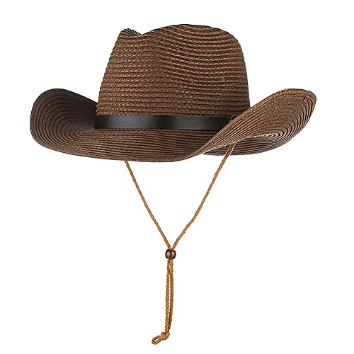 Straw Cowboy Hat for Women Men Classic Western Cowgirl Cap Foldable Sunhat Shapeable Fedora Panama Cap Wide Brim Beach Hat - color: Coffee
