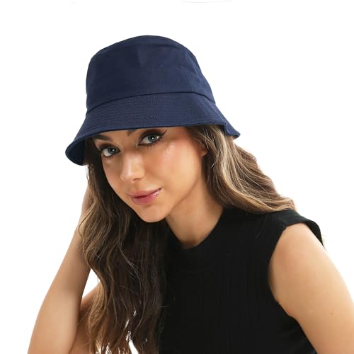Wheebo Solid Color Bucket Hat for Women Summer Beach Fishmen Hat for Lady Adult Unisex Cotton Cap…… - color: A-sc-navy