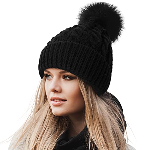 Livingston Women's Winter Soft Knit Beanie Hat with Faux Fur Pom Pom Warm Skull Cap Beanies for Women - color: Fleece Lined_black 1