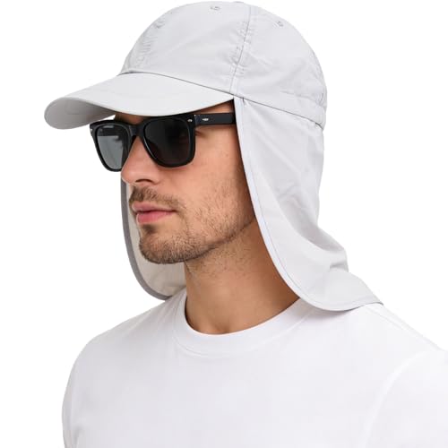 Baseball Sun Cap with Neck Flap, UPF 50+ Waterproof Sun Hat for Men Women - color: Light Grey