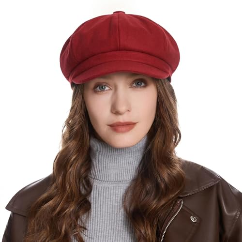 ZLYC Women Classic Newsboy Cap Visor 8 Panel Gatsby Cabbie Paperboy Hat - color: Red
