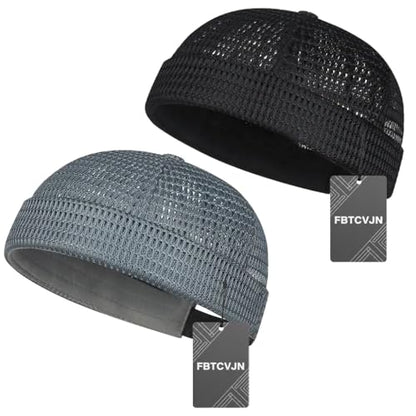 2 Pack Men's Breathable Brimless Hat Summer Style Mesh Tang Ultra Cooling Skull Adjustable Hip-Hop Cap Docker Beanie - color: Black+dark Gray