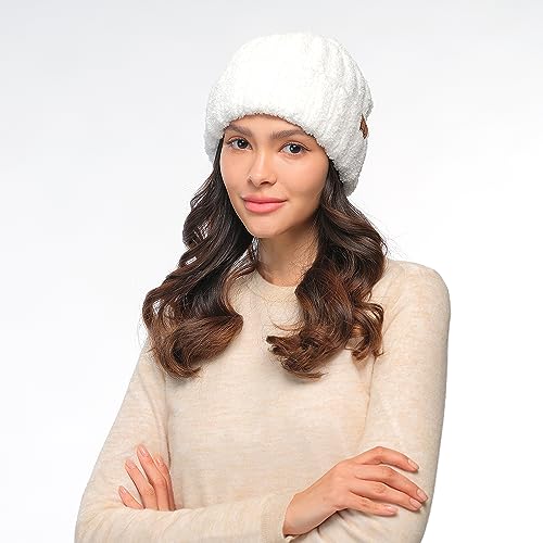 C.C Fuzzy Beanie for Women Unisex - Acrylic Stretchable Soft Warm Knit Winter Skully Hat - color: Acrylic-white