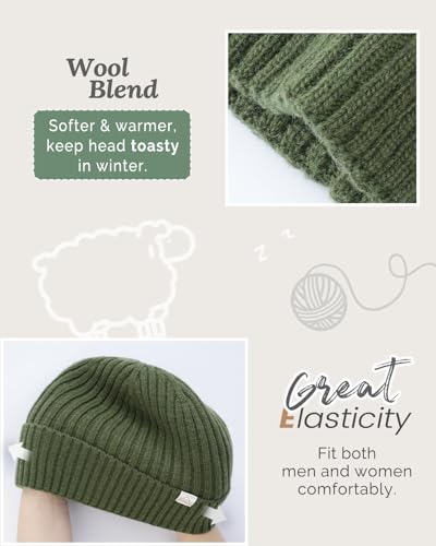 Hat Hut Wool Beanie Satin Lined Winter Hats Slouchy Beanie with Silk Lining Warm Wool Knit Ski Hat Cuffed Cap Women Men - color: Army Green