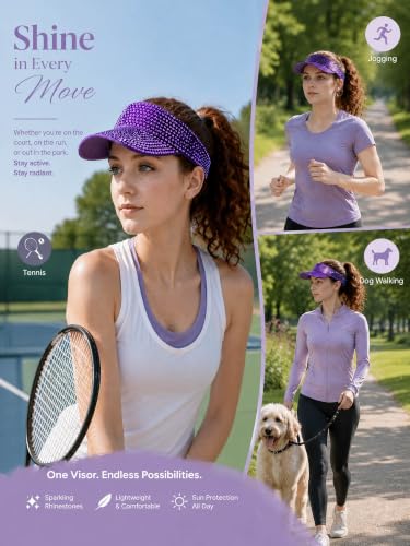 Women Shiny Rhinestone Bling Sun Visor Adjustable Tennis Beach Ponytail Hat - color: Purple Hat+purple Rhinestone