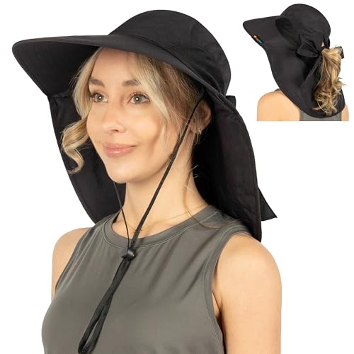 SUN CUBE Wide Brim Sun Hat with Neck Flap for Men Women, UPF50+ Fishing - color: Black With Bow