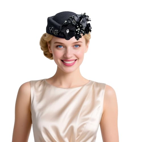 Women's Retro British Felt Headscarf Hat Church Derby Headdress with Floral Women's Soft Beret - color: Black
