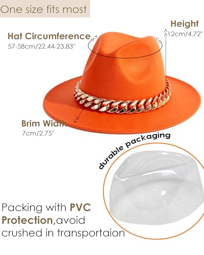 Men & Women Wide Brim Fedora Hat with Chain Buckle - color: Chain Belt-orange