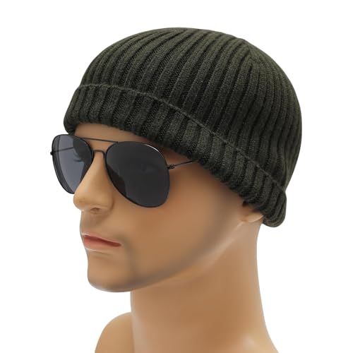 ZLYC Men Winter Knit Fisherman Beanie Hat Fashion Warm Daily Skull Cap - color: Solid Army Green