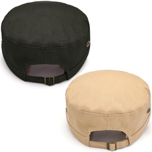 Cadet Army Hat 2 Pieces Flat Top Cap Unisex Military Hat for Women Men - color: Beige C + Army Green C