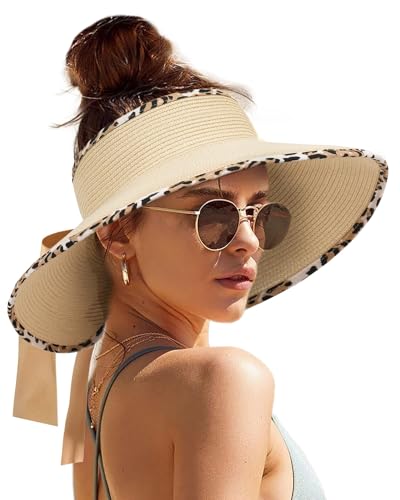 Camptrace Women's Straw Sun Visor Hat UPF Wide Shade Ponytail Summer Hat - color: Beige Leopard Print