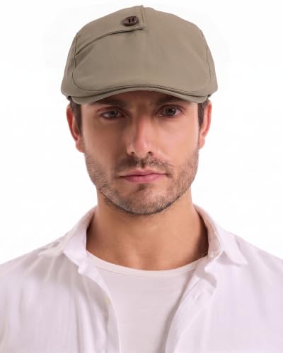 ZLYC Men Cotton Flat Cap Summer Scally Newsboy Beret Driver Hat - color: Button Decor Khaki