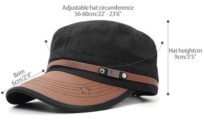 Flat Top Cap for Men Soft Cotton Adjustable Military - color: Black
