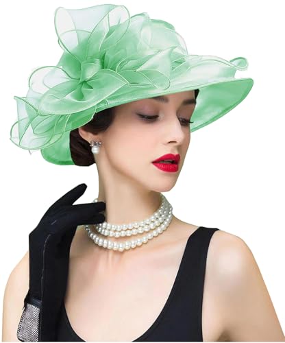 Organza Fascinator Hat - Women’s Wide Brim Church Bridal Tea Party Wedding Hat - color: 01a-grass Green