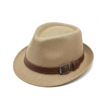 Straw Fedora Hat for Men Panama Hat Short Brim Summer Sun Hat - color: A-khaki
